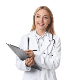 Photo of Doctor with stethoscope and clipboard writing notes on white background