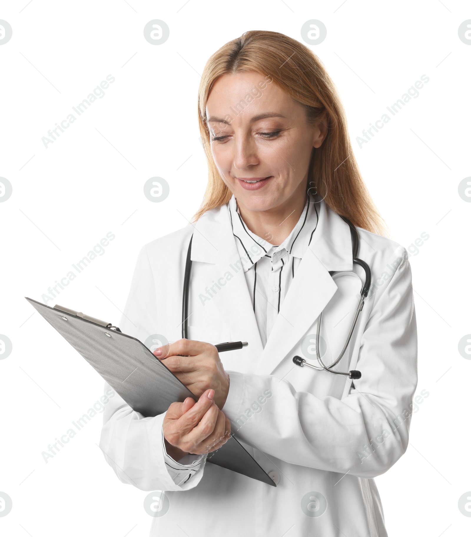 Photo of Doctor with stethoscope and clipboard writing notes on white background