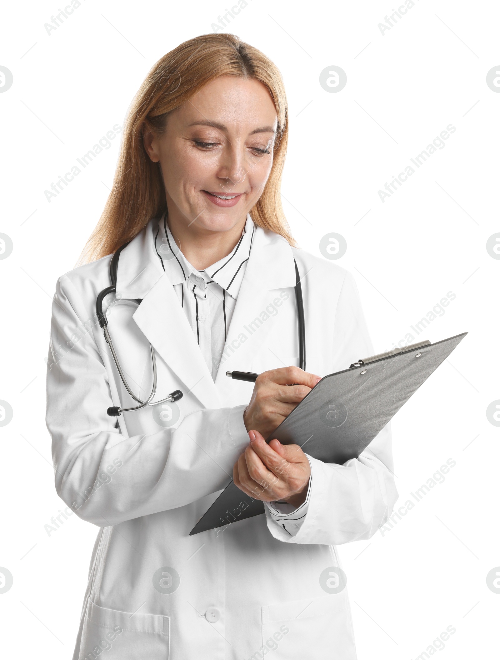 Photo of Doctor with stethoscope and clipboard writing notes on white background