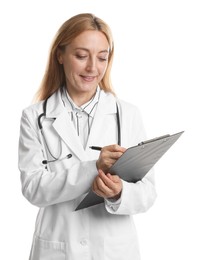 Doctor with stethoscope and clipboard writing notes on white background