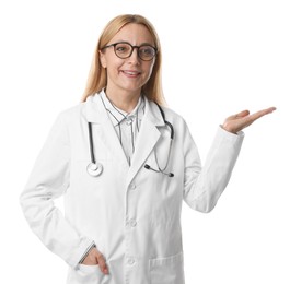 Doctor with stethoscope showing something on white background