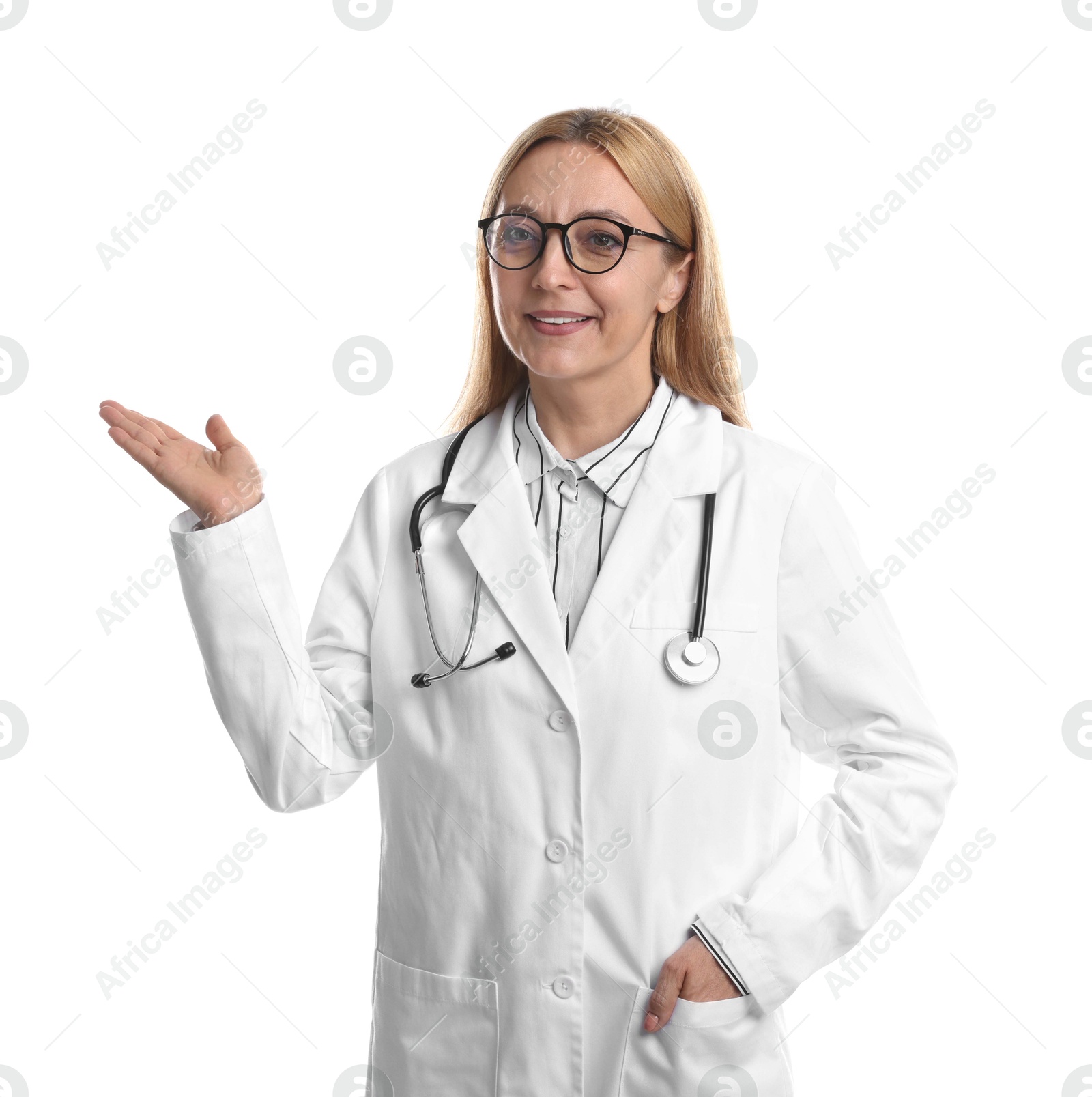 Photo of Doctor with stethoscope showing something on white background