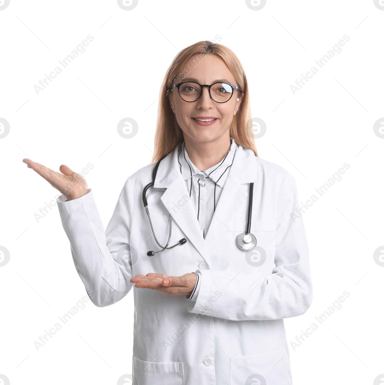 Photo of Doctor with stethoscope showing something on white background