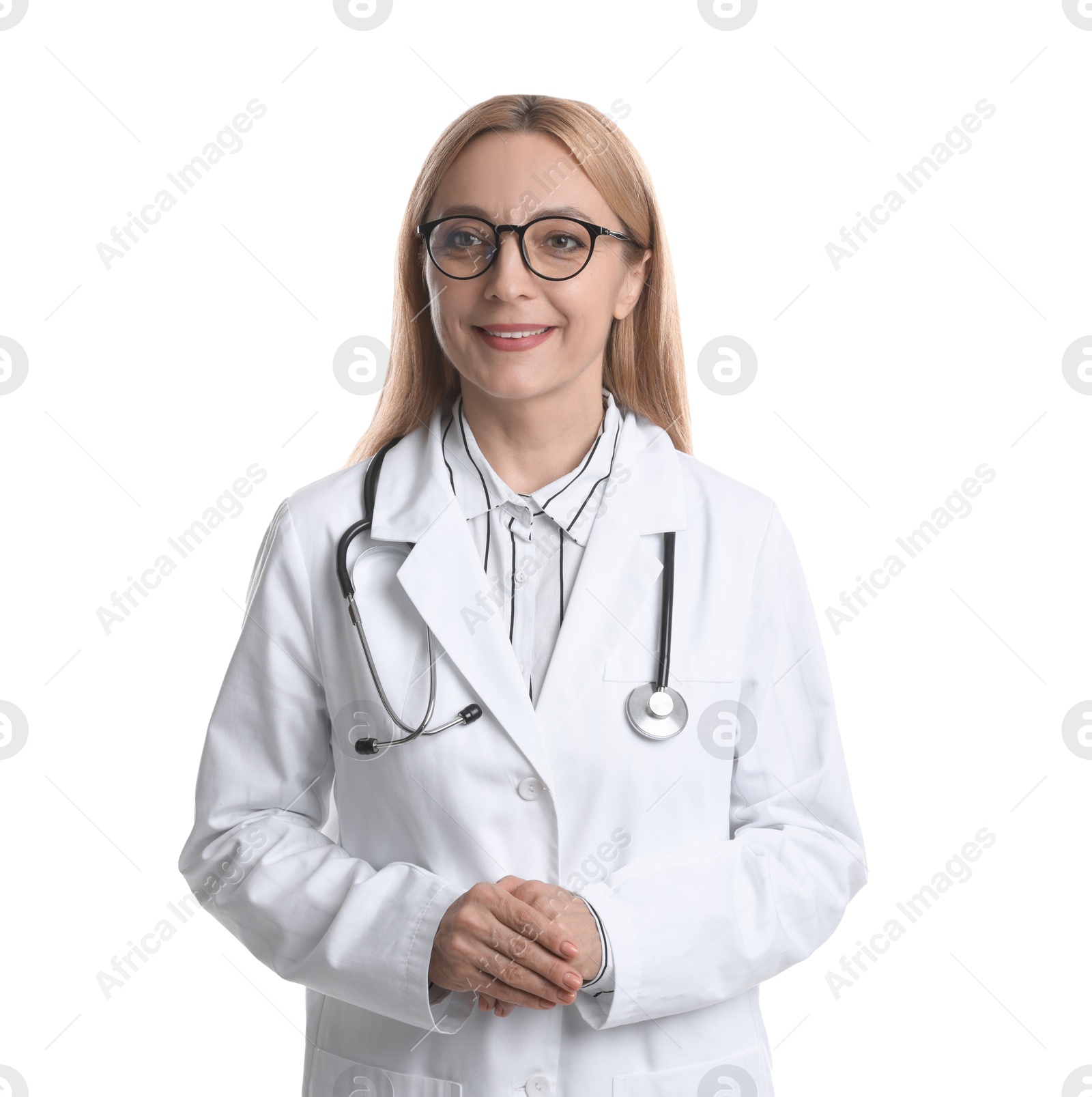 Photo of Smiling doctor with stethoscope on white background