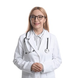 Smiling doctor with stethoscope on white background