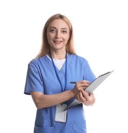 Photo of Doctor with clipboard writing notes on white background