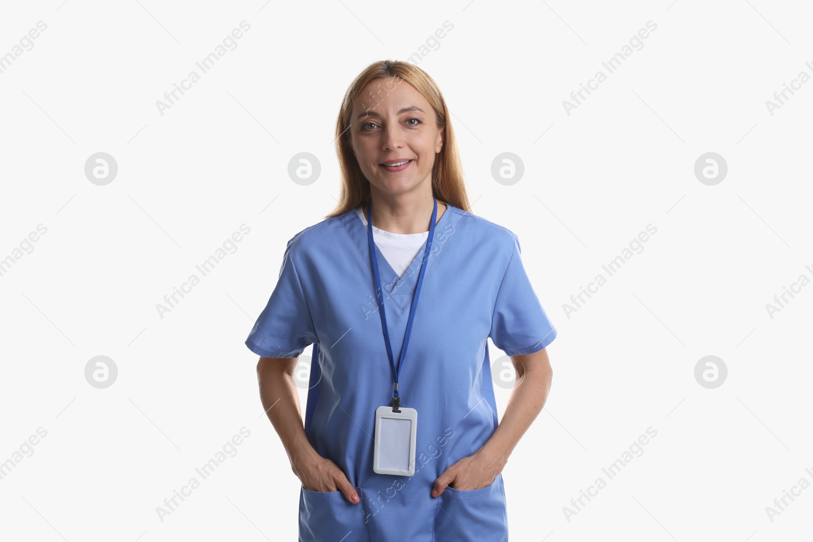 Photo of Smiling doctor with badge on white background