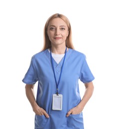 Portrait of doctor with badge on white background