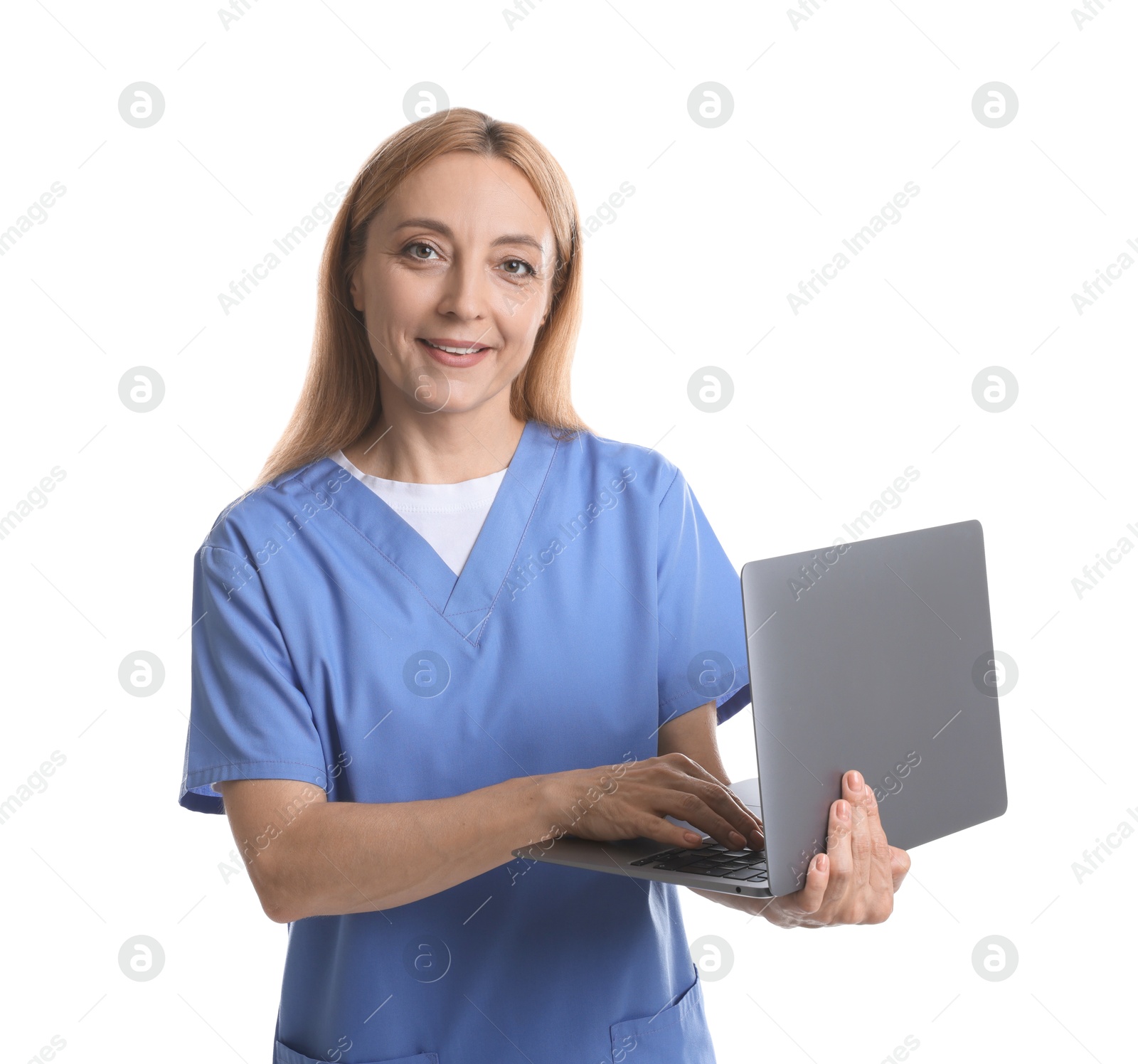 Photo of Smiling doctor with laptop on white background