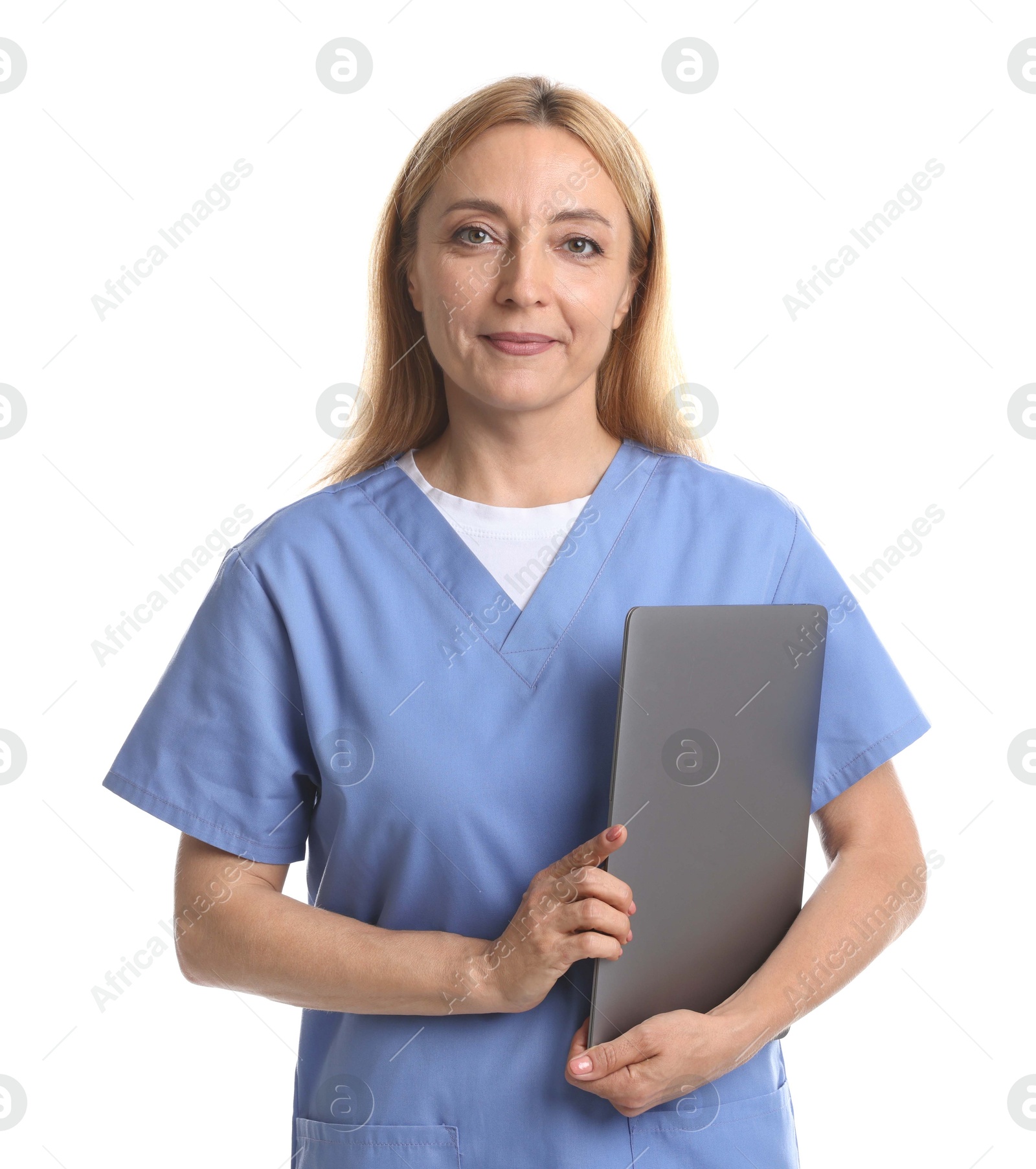 Photo of Portrait of doctor with laptop on white background