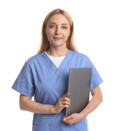 Photo of Portrait of doctor with laptop on white background