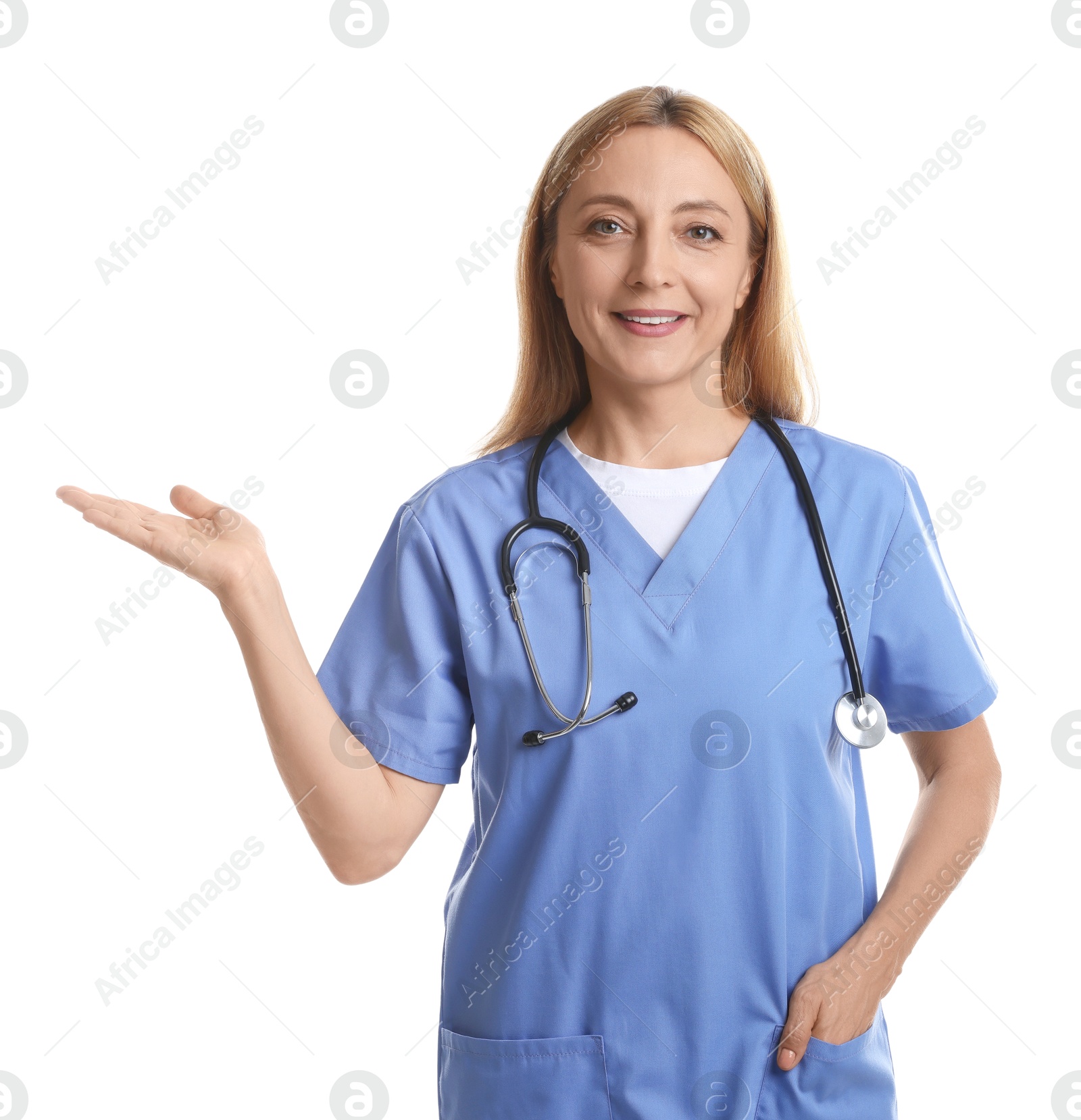 Photo of Doctor with stethoscope showing something on white background