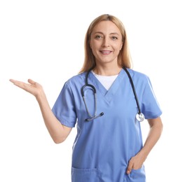 Photo of Doctor with stethoscope showing something on white background