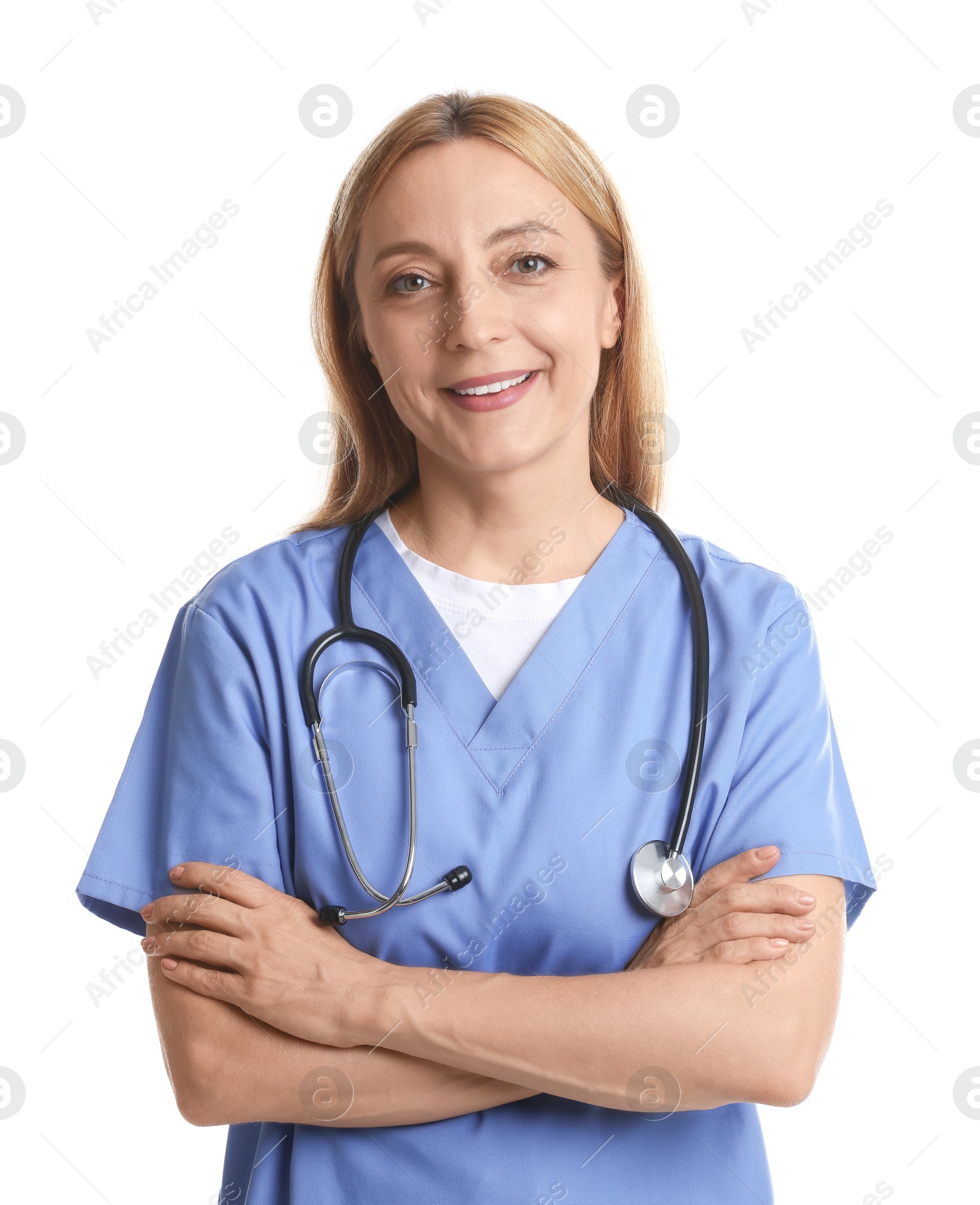 Photo of Smiling doctor with stethoscope on white background