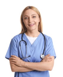 Smiling doctor with stethoscope on white background