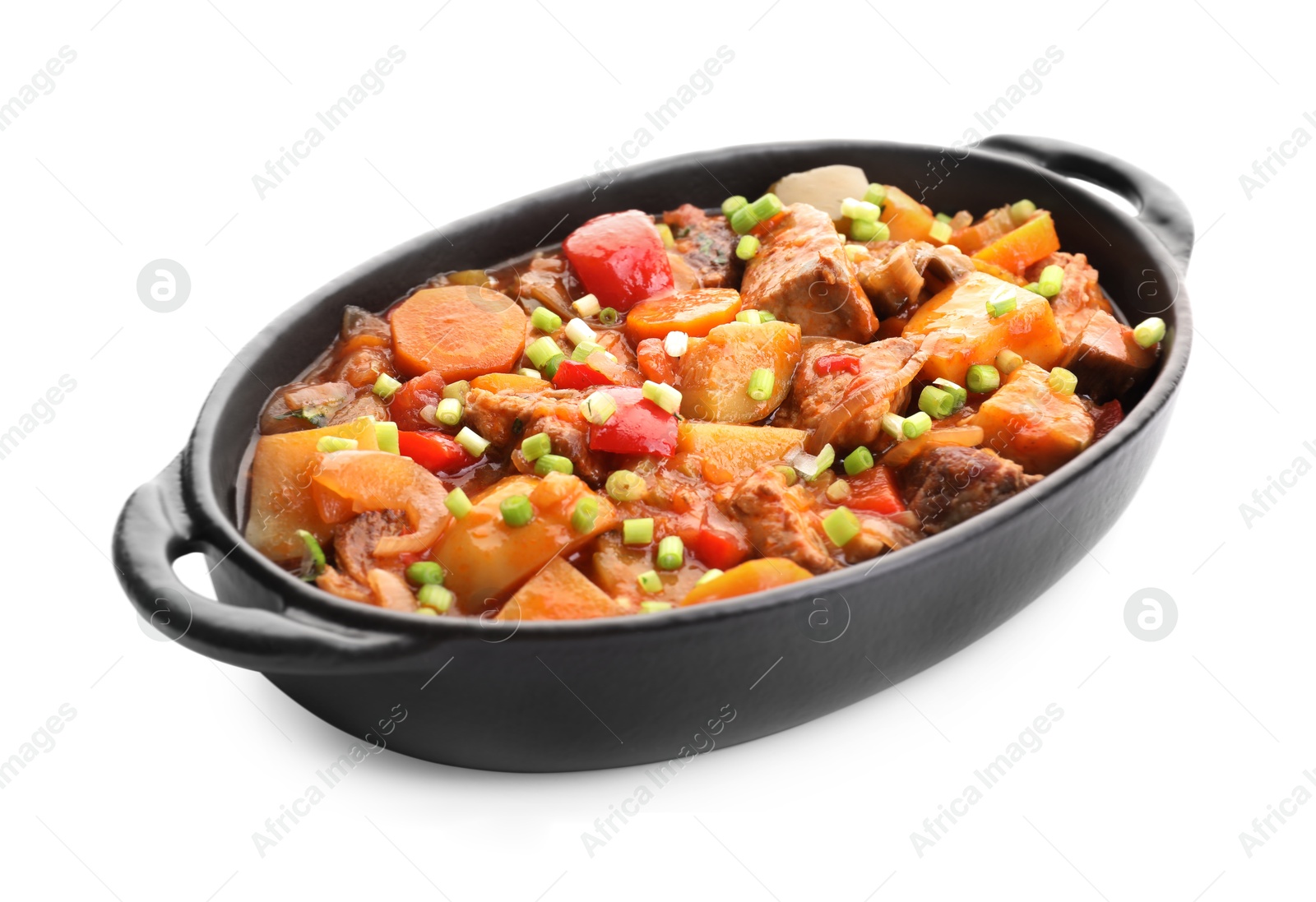 Photo of Delicious stew with vegetables in baking dish isolated on white