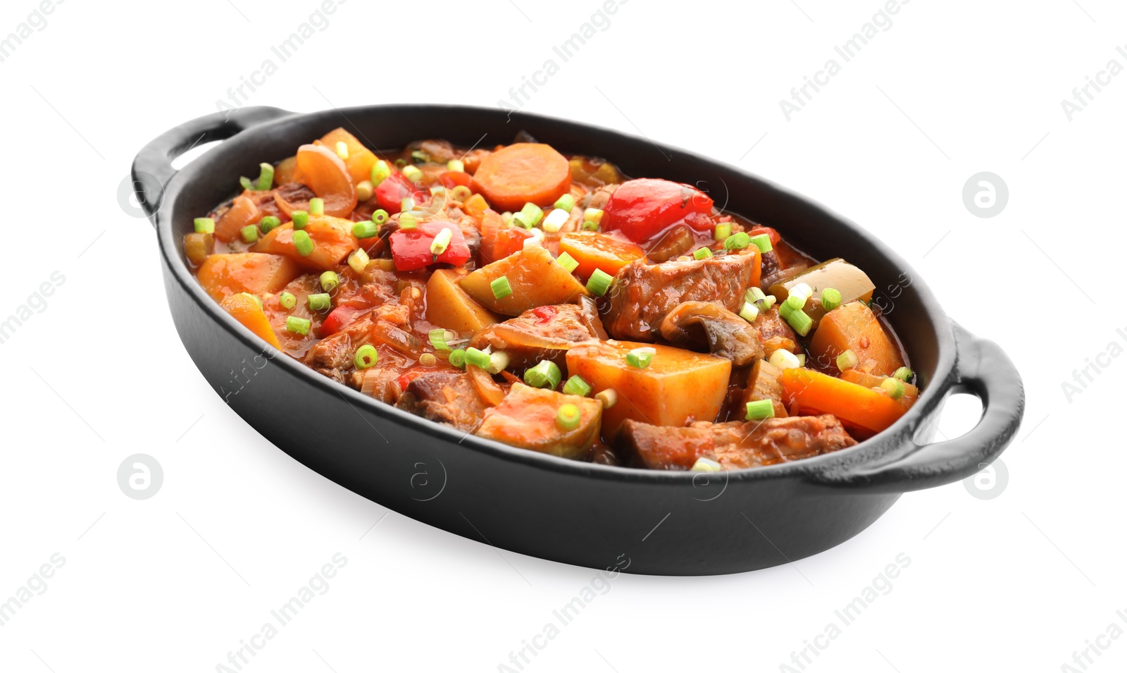 Photo of Delicious stew with vegetables in baking dish isolated on white