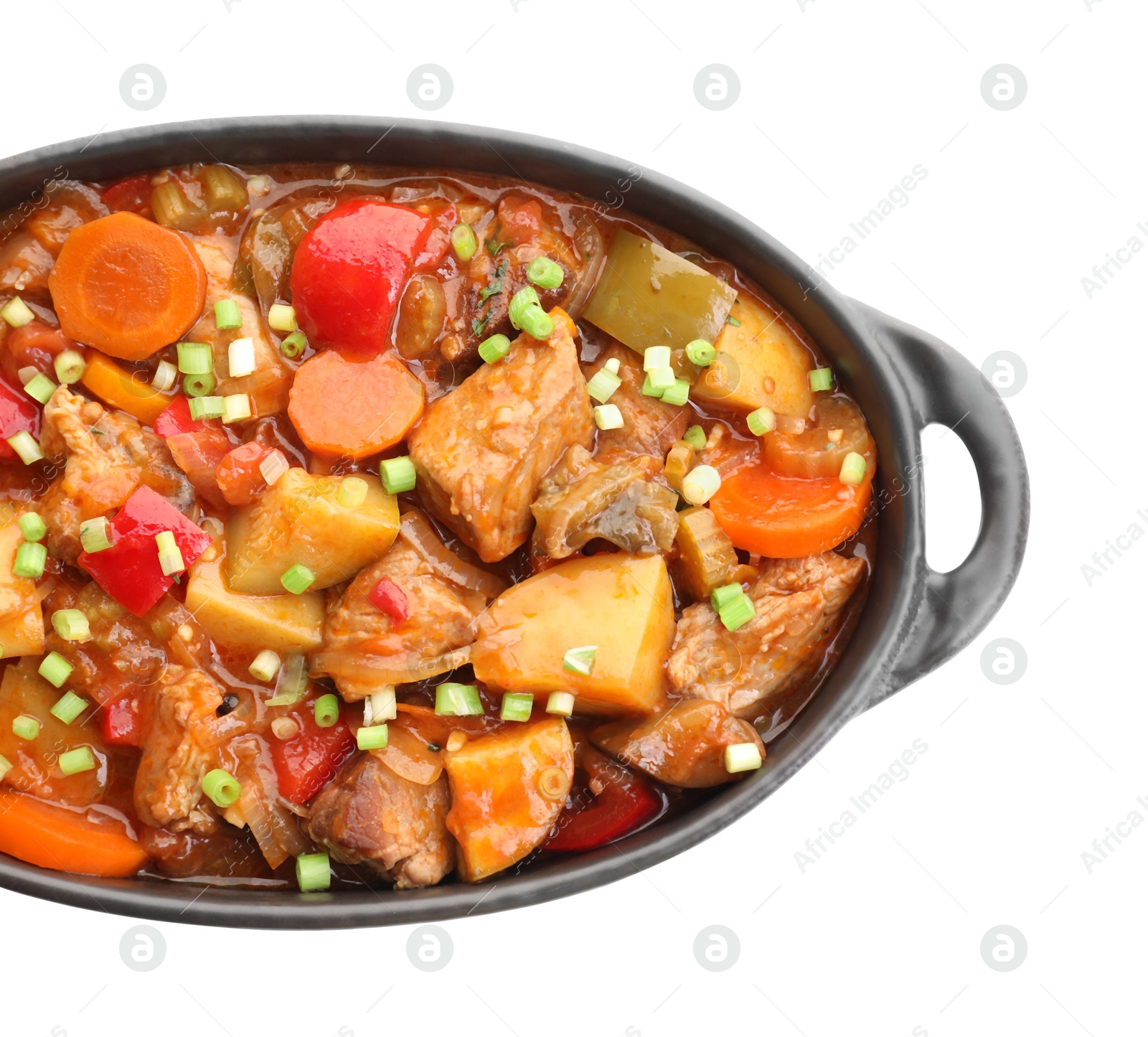 Photo of Delicious stew with vegetables in baking dish isolated on white, top view