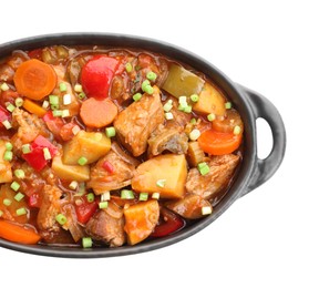 Photo of Delicious stew with vegetables in baking dish isolated on white, top view