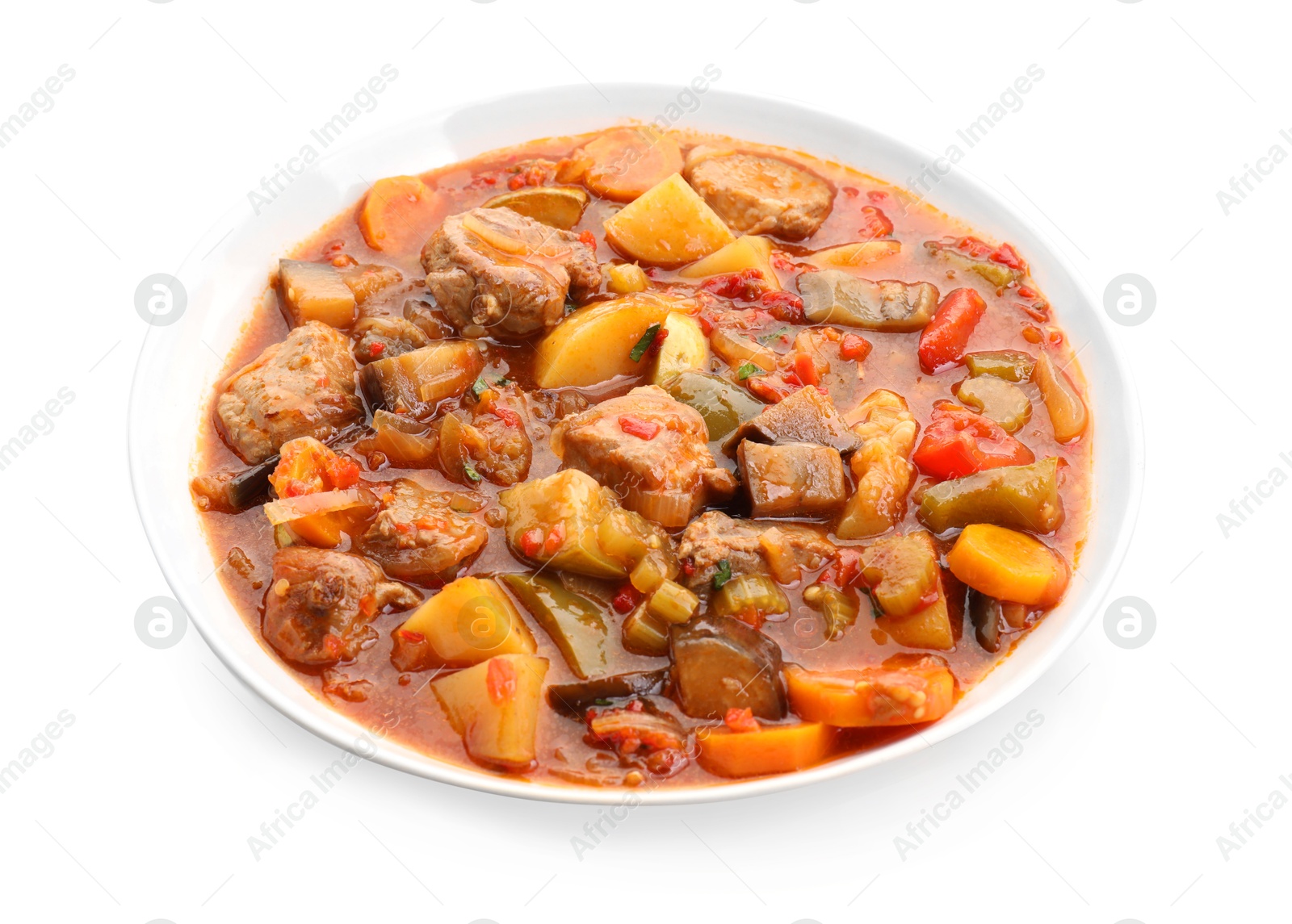 Photo of Delicious stew with vegetables in bowl isolated on white