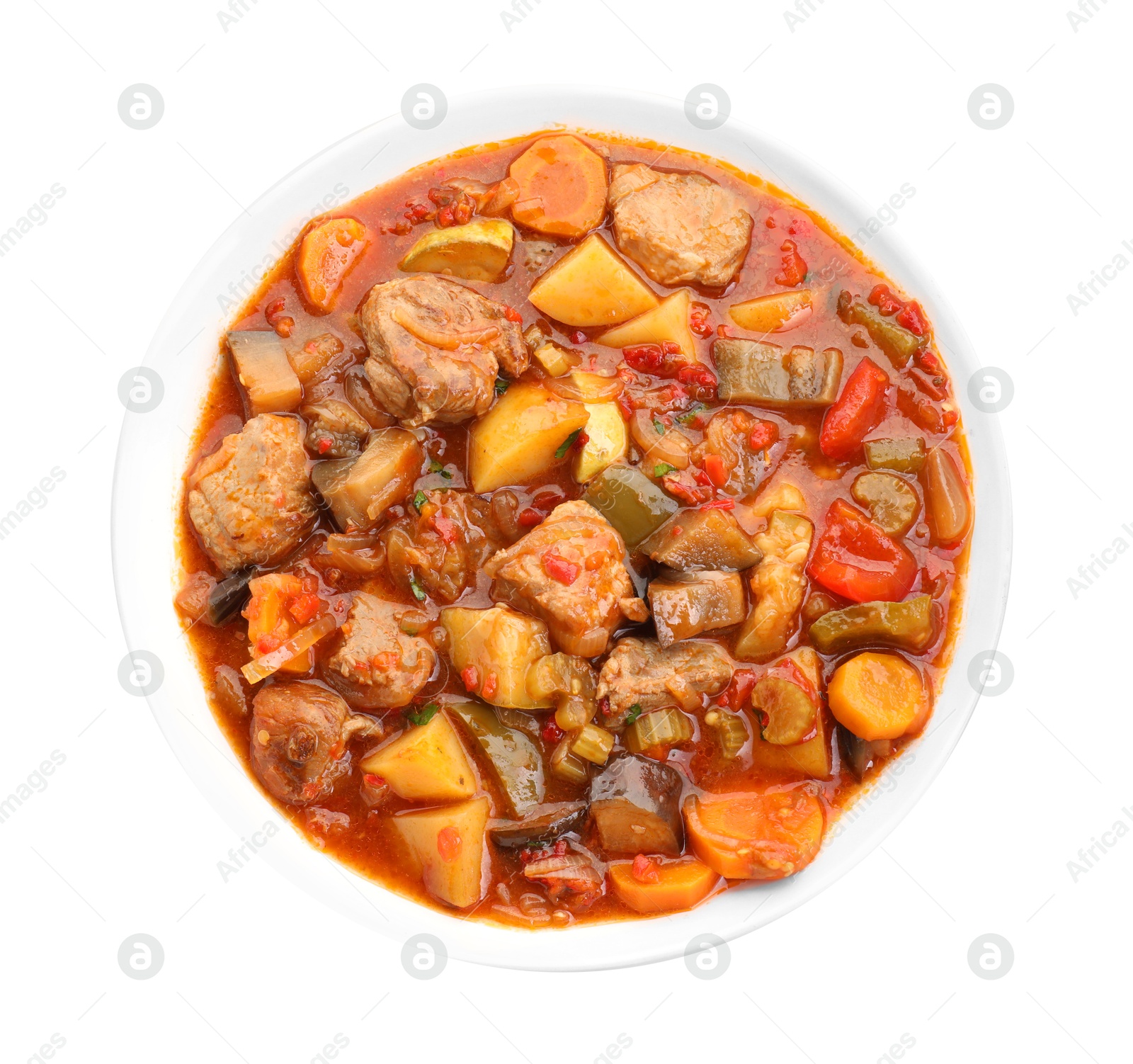 Photo of Delicious stew with vegetables in bowl isolated on white, top view