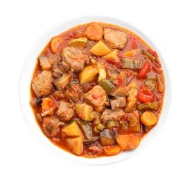 Photo of Delicious stew with vegetables in bowl isolated on white, top view