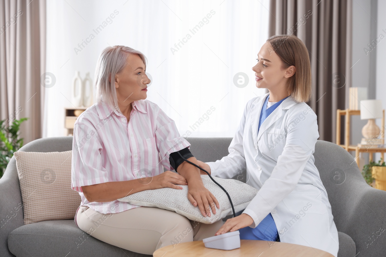 Photo of Doctor measuring patient's blood pressure on sofa indoors