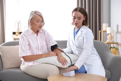 Doctor measuring patient's blood pressure on sofa indoors