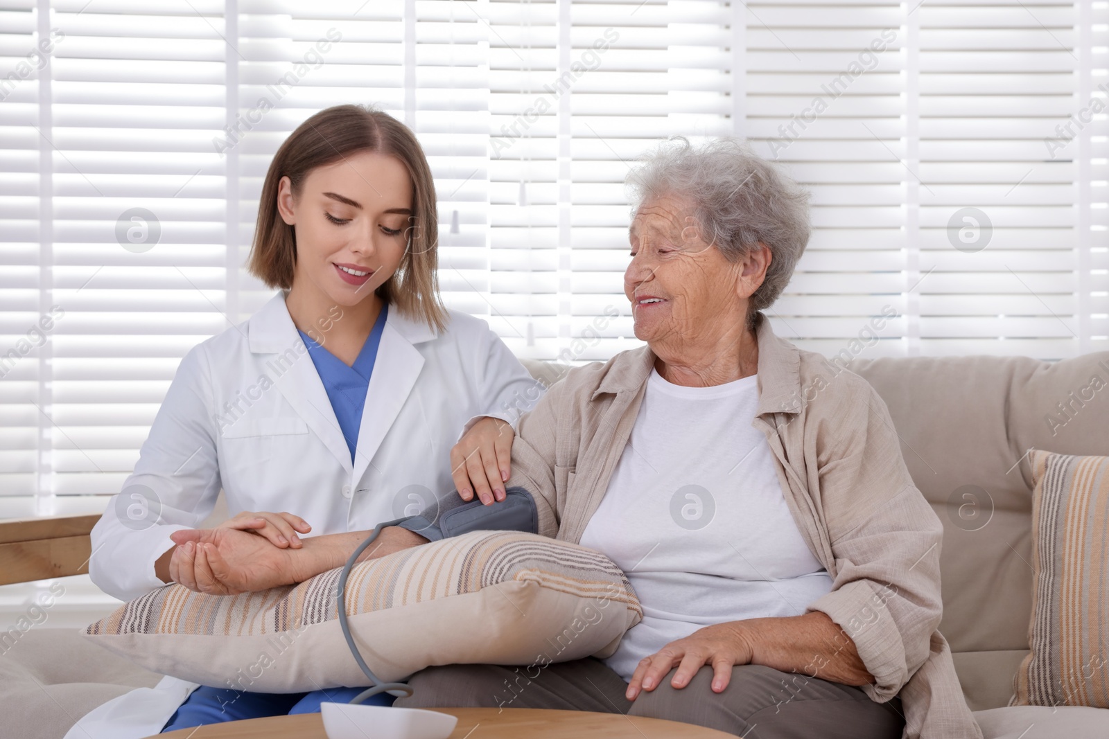 Photo of Doctor measuring patient's blood pressure on sofa indoors