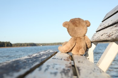 Lonely teddy bear on bench near river