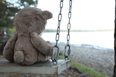 Photo of Lonely teddy bear on swing at beach, back view