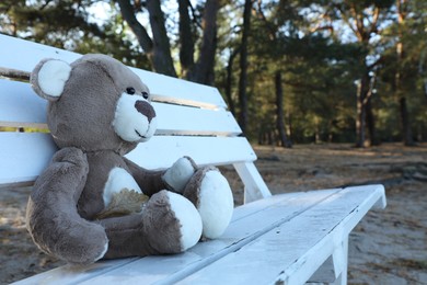 Lonely teddy bear on bench in park