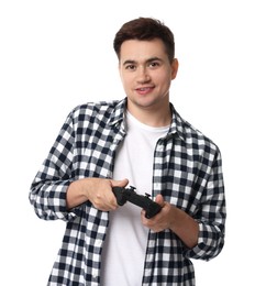 Photo of Young man playing video games with controller on white background