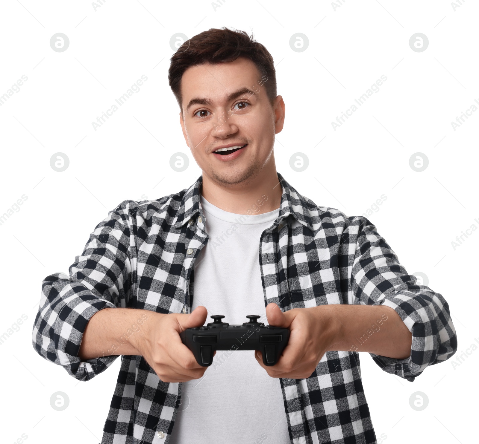 Photo of Young man playing video games with controller on white background