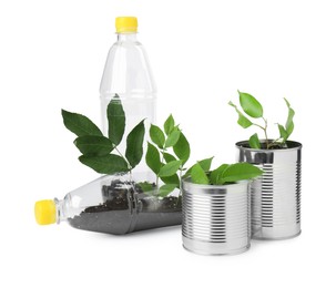 Photo of Recycling concept. Plastic bottles and cans with plants isolated on white