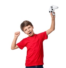 Happy little boy with controller on white background