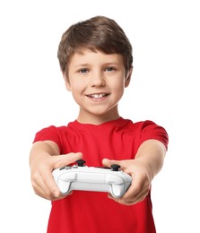 Happy little boy playing video game with controller on white background