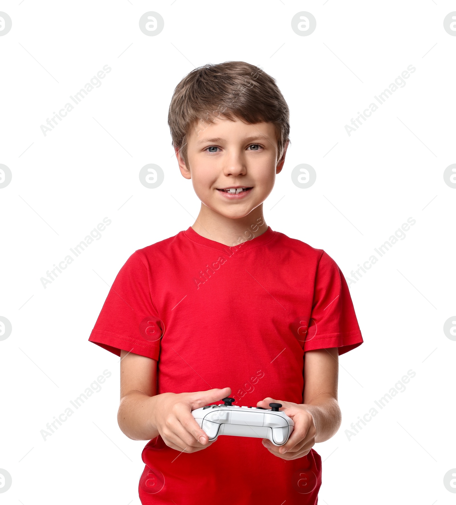 Photo of Happy little boy playing video game with controller on white background