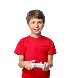 Happy little boy playing video game with controller on white background