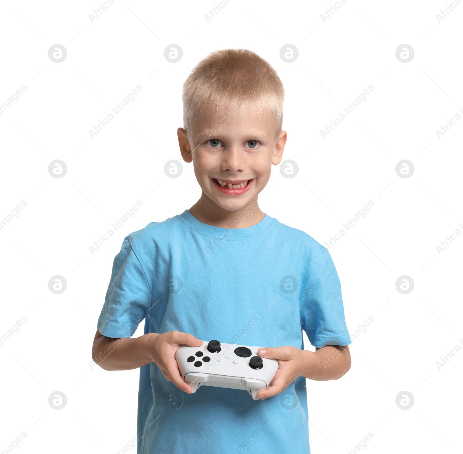 Photo of Happy little boy playing video game with controller on white background