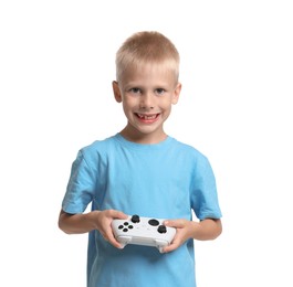 Happy little boy playing video game with controller on white background