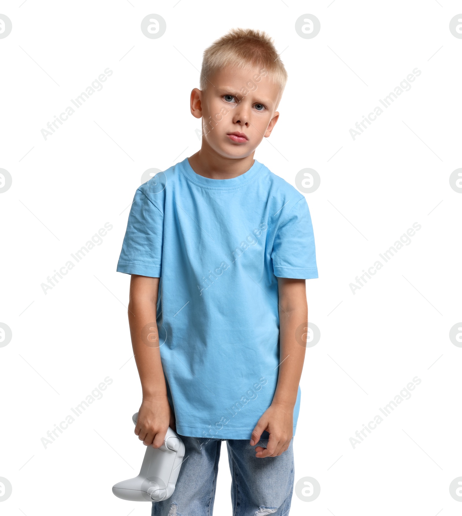 Photo of Little boy with controller on white background