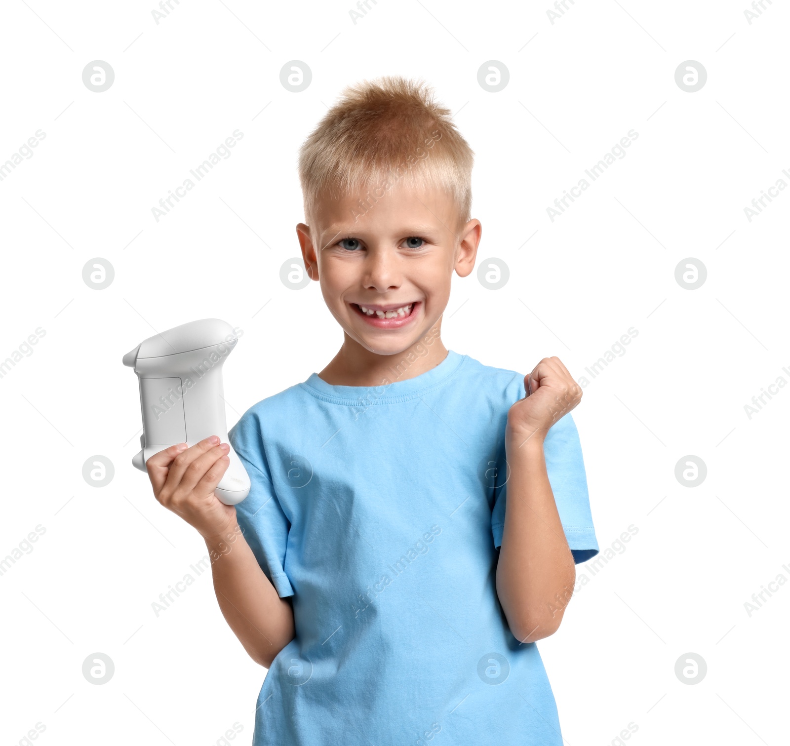 Photo of Happy little boy with controller on white background