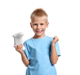 Happy little boy with controller on white background