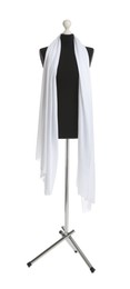 Draping fabric on female mannequin against white background