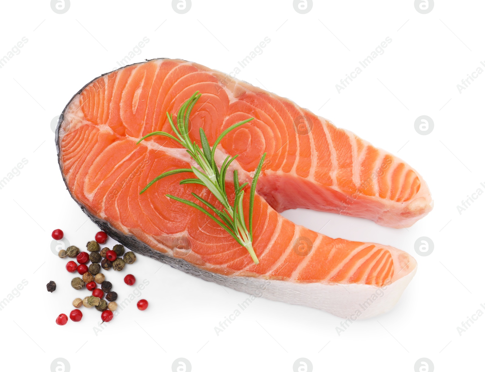 Photo of Fresh raw salmon steak and spices isolated on white, top view