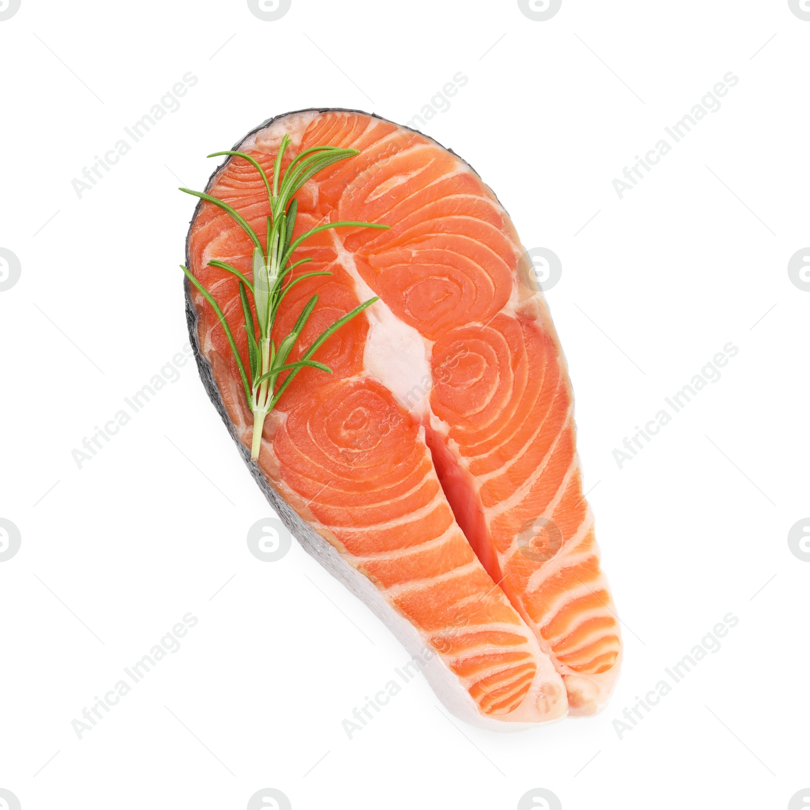 Photo of Steak of fresh raw salmon and rosemary isolated on white, top view