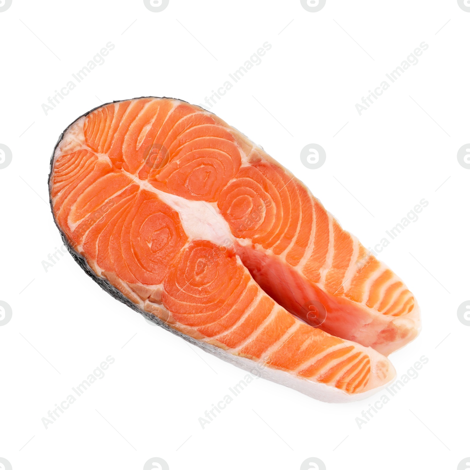 Photo of Steak of fresh raw salmon isolated on white, top view