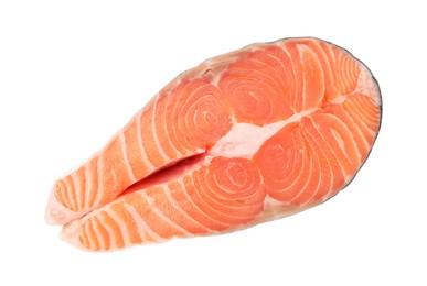 Photo of Steak of fresh raw salmon isolated on white, top view