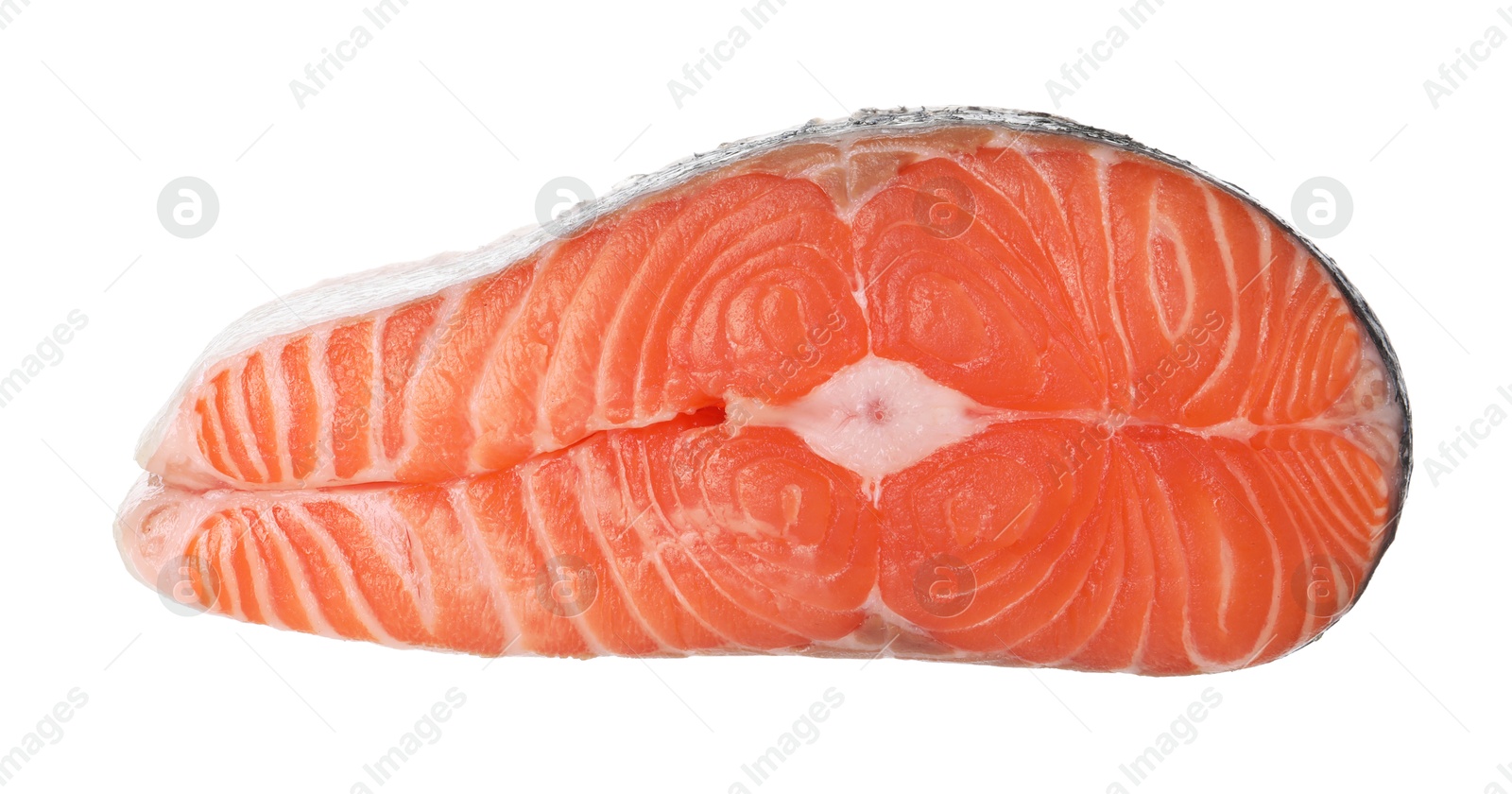 Photo of Steak of fresh raw salmon isolated on white, top view